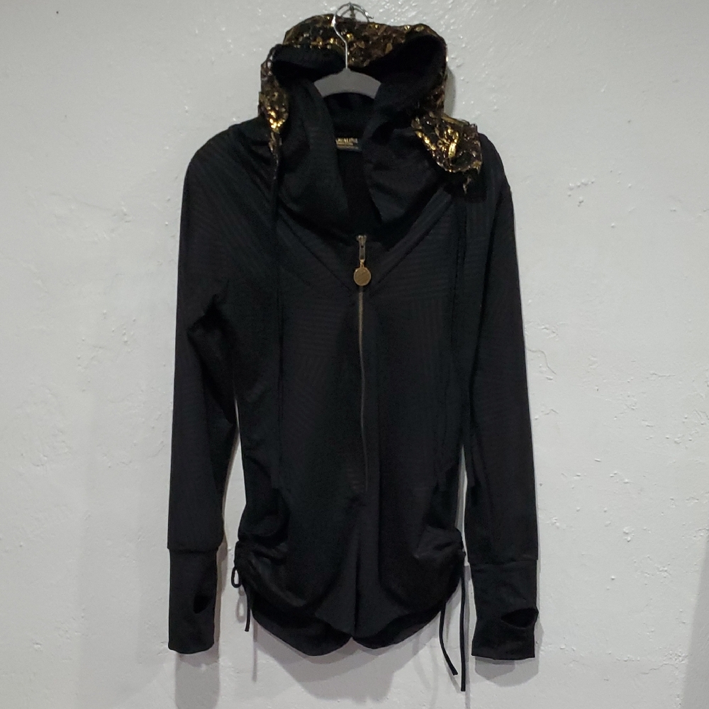 Black Women's Zip Hoodie Jacket with Gold Sequin Hood